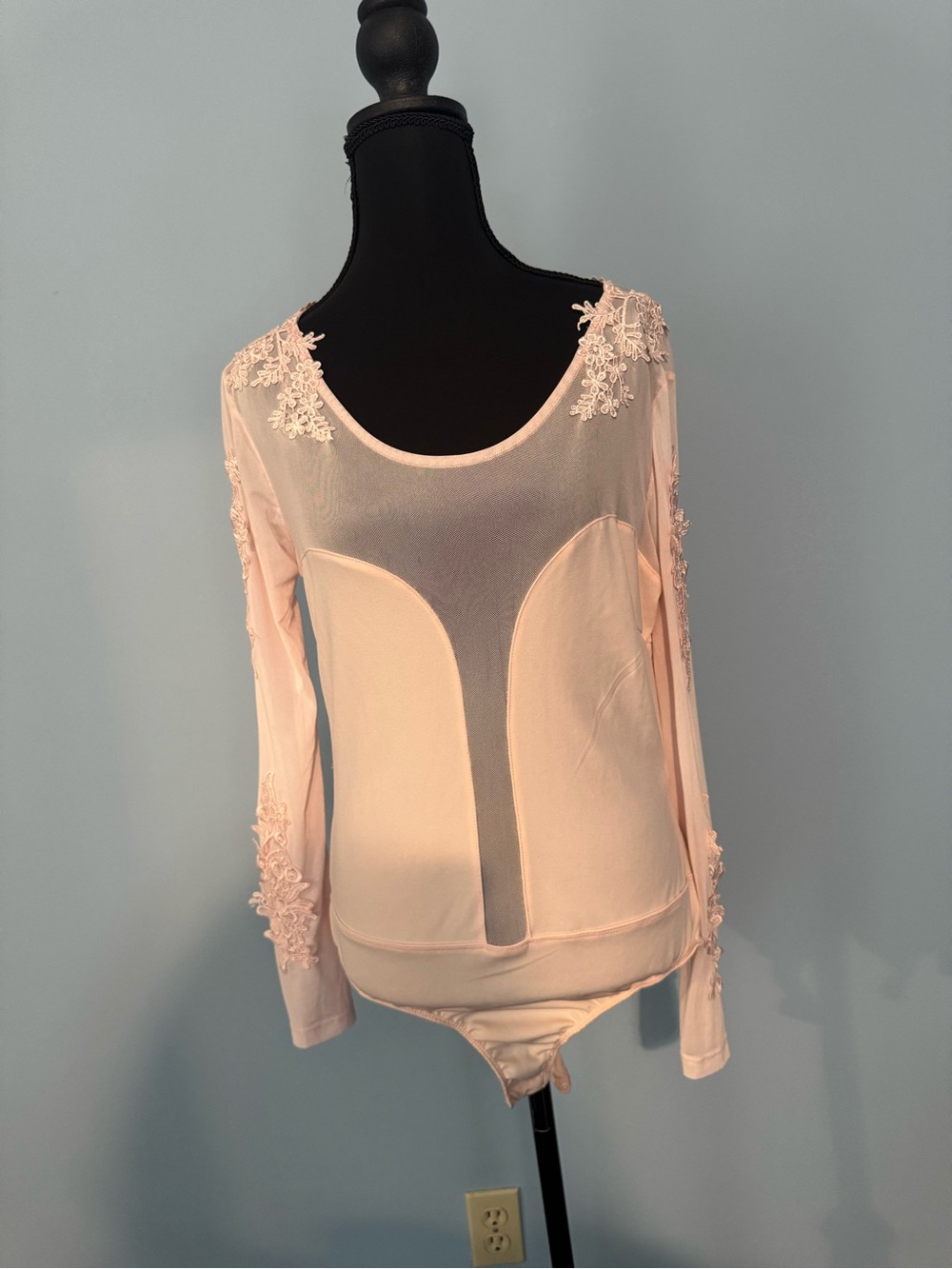 cleo Blush Pink Sheer Lace-Appliqué Long Sleeve Bodysuit